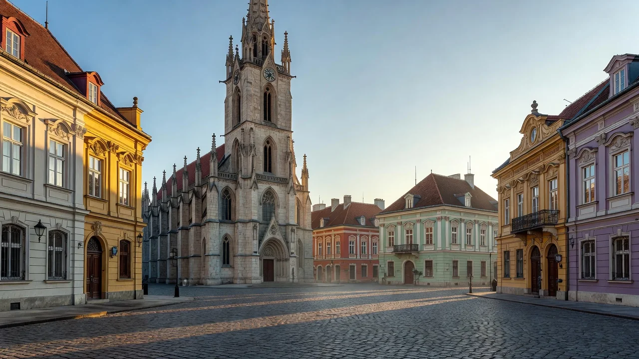 Kolozsvár főtere gótikus templommal és barokk palotákkal